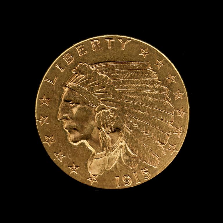 INDIAN DOLLAR, guld, 2 1/2 dollar, USA, 1915. Vikt ca 4 g.