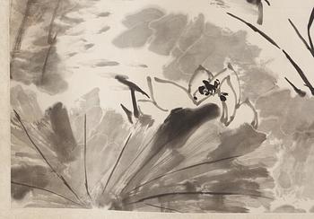 Li Kuchan, "Crane, Cliff, Bamboo and Lotus", a fine hanging scroll, signed and dated 1959.