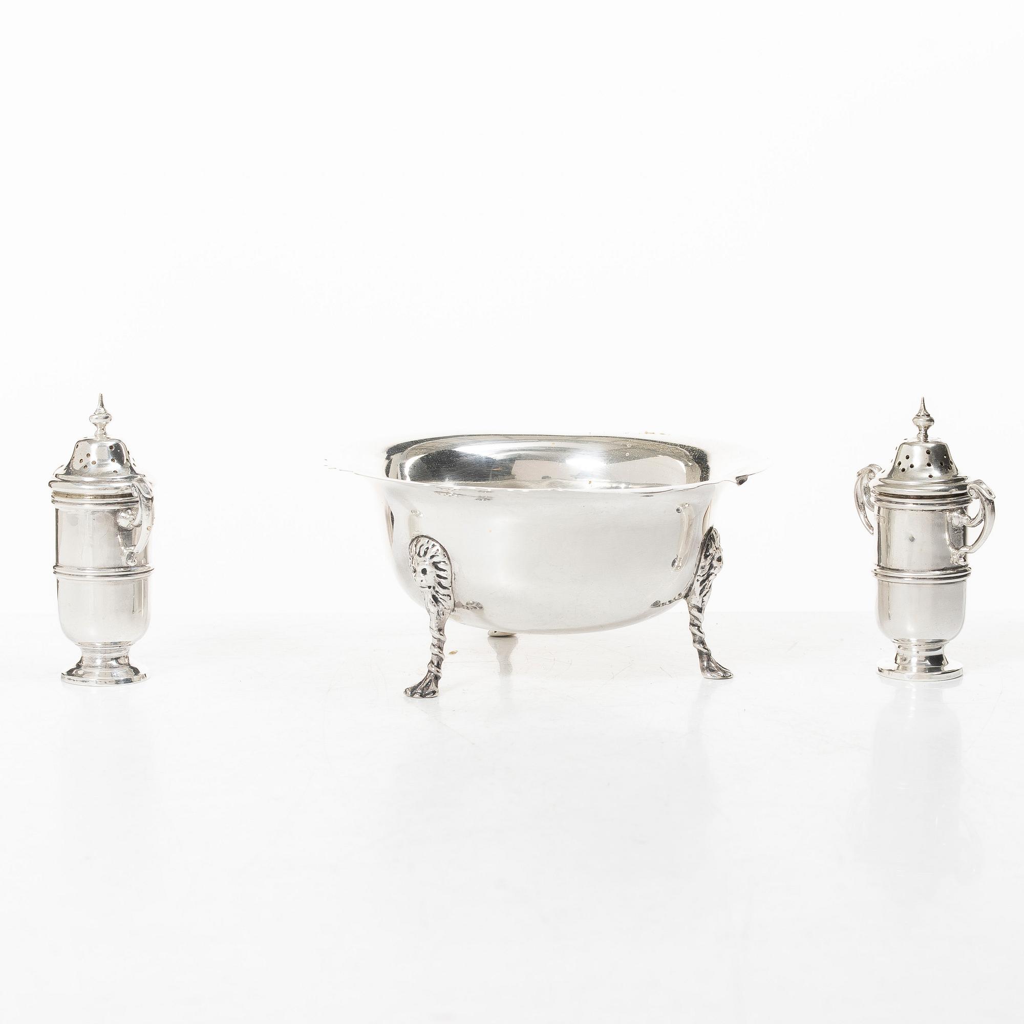 Bowl, along with salt and pepper shakers, silver, including mark of Wakely & Wheeler, Dublin 1910.