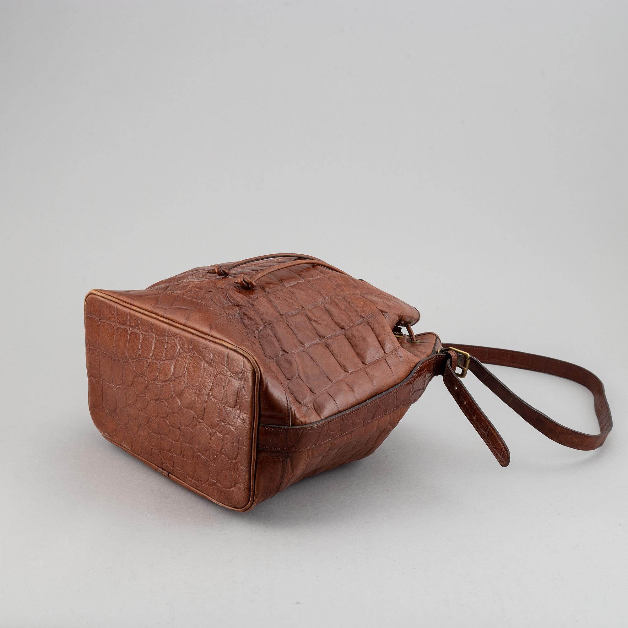 MULBERRY, a leather drawstring bag.
