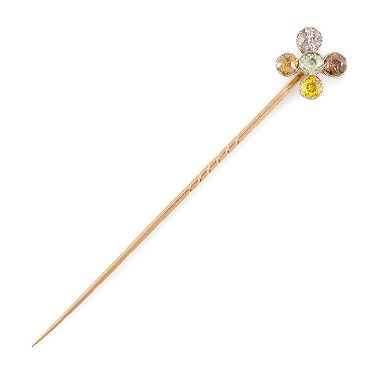 Brooch pin 14K gold and platinum with five old-cut diamonds in various colours.