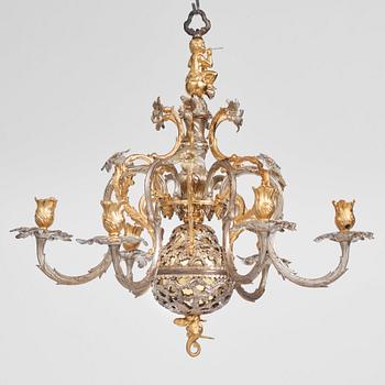 Carl Edberg's Masterpiece, a Swedish rococo silvered and gilt-brass six-light chandelier, circa 1755.