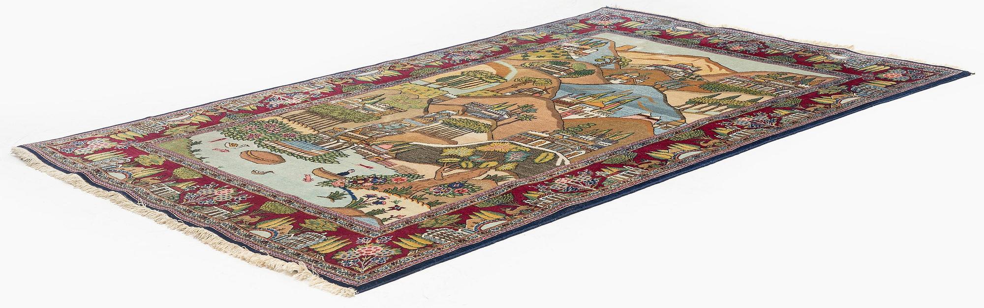 A semi-antique pictoral Kashan rug, c. 212 x 130 cm.