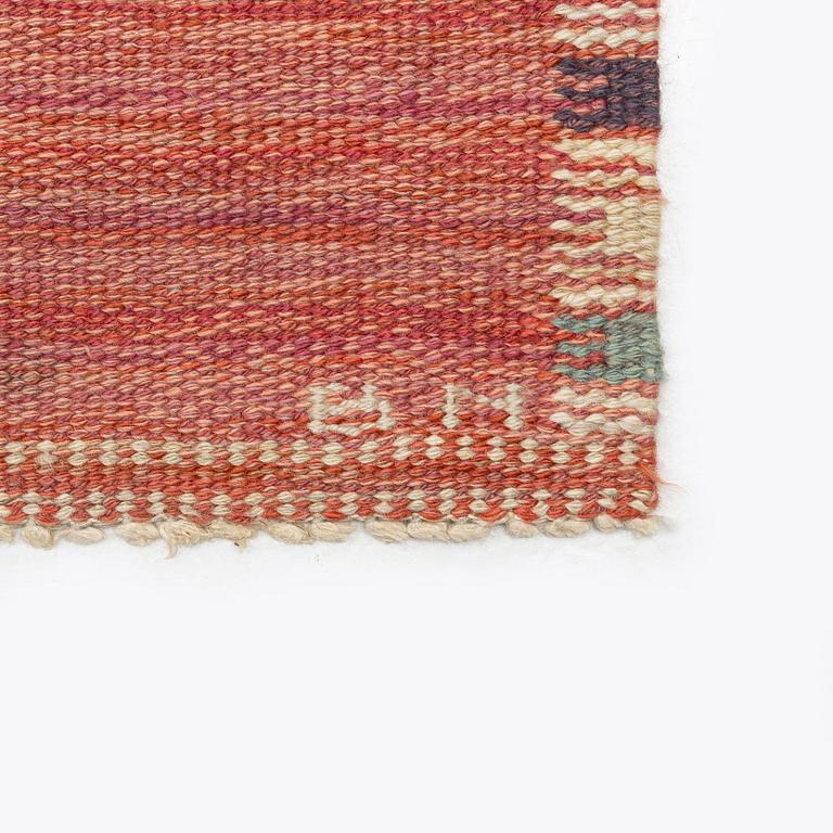 Barbro Nilsson, a carpet, 'Falurutan, röd Borås', flat weave, c. 502 x 212 cm, signed AB MMF BN.