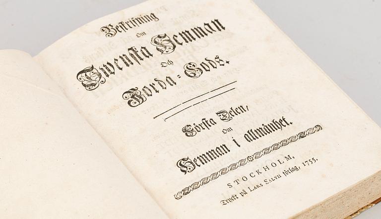 BÖCKER, ett band med 2+1, bla "Beskrifning om Swenska Hemman och Jordagods" av Anders Botin, Stockholm 1755.