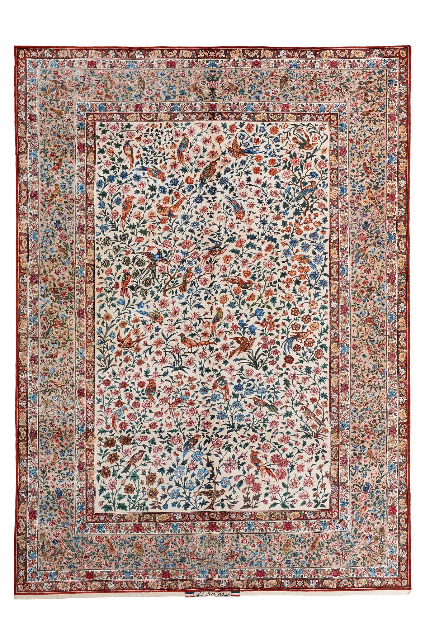 MATTO, "Golo Bolbol" (="Flower and bird"-motive), a silk Esfahan figural, ca 337 x 243,5 cm, Mohammad Seirafian.