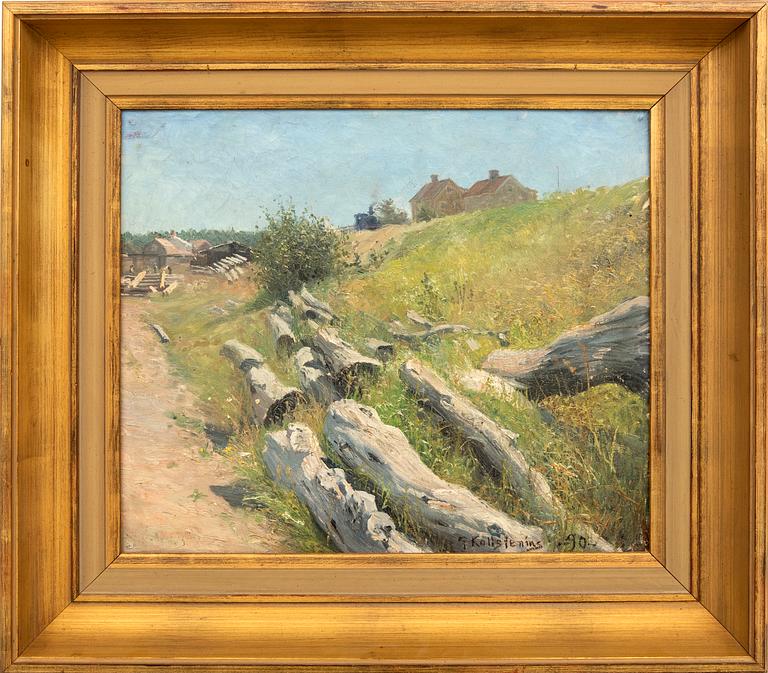 Gottfrid Kallstenius, landskap med hus och stockar.