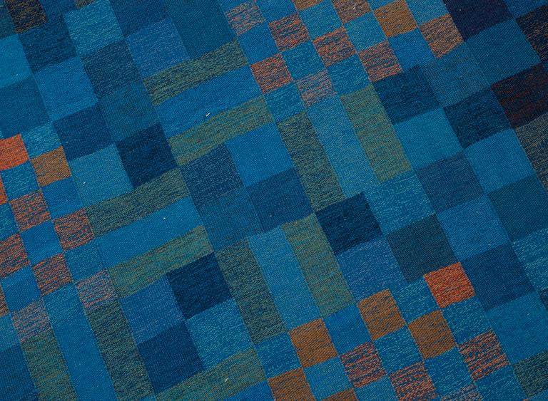 RUG. Flat weave. 200 x 199,5 cm. Signed KJ KH (Karin Jönsson, Klockargårdens Hemslöjd). Sweden 1960s.