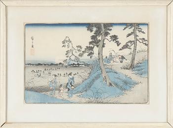 TRÄSNITT, 4 st, Japan. Bl a Maiko Beach Harima, efter Hiroshige.