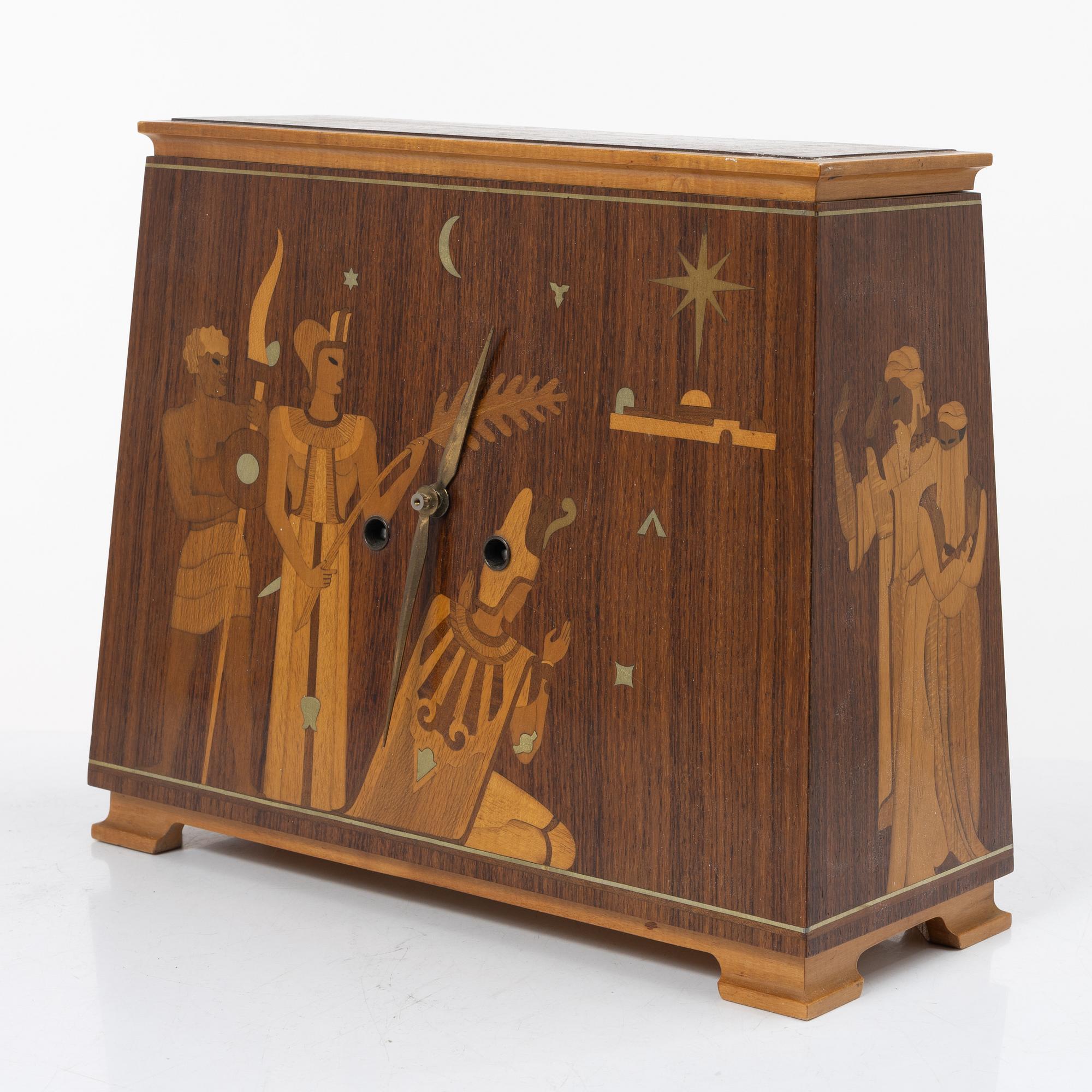 A table clock, 'The Three Wise Men', Mjölby Intarsia, 1930s.
