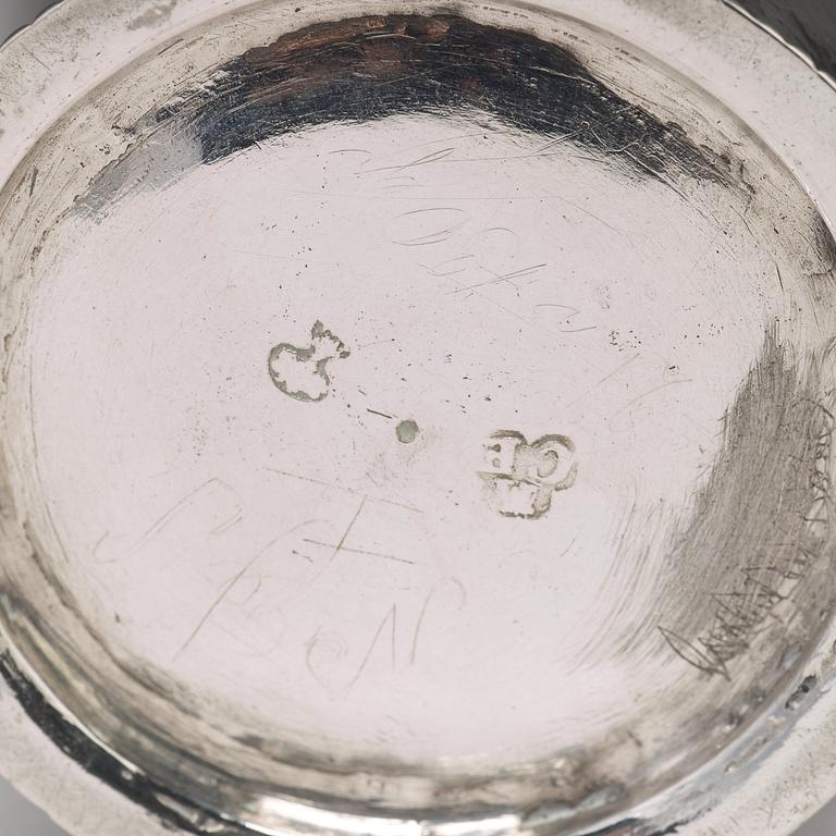 A Swedish 18th century parcel-gilt silver beaker with copper coins, mark of CM Ekman, Eksjö (1729-1738).