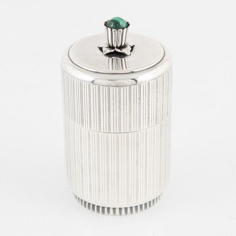 Tore Eldh, a silver and malachite lidded box, mark of K & EC, Göteborg 1951.