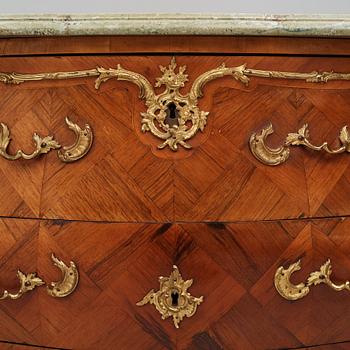 A rococo parquetry and ormolu-mounted commode attributed to L. Nordin (master 1743-1773).