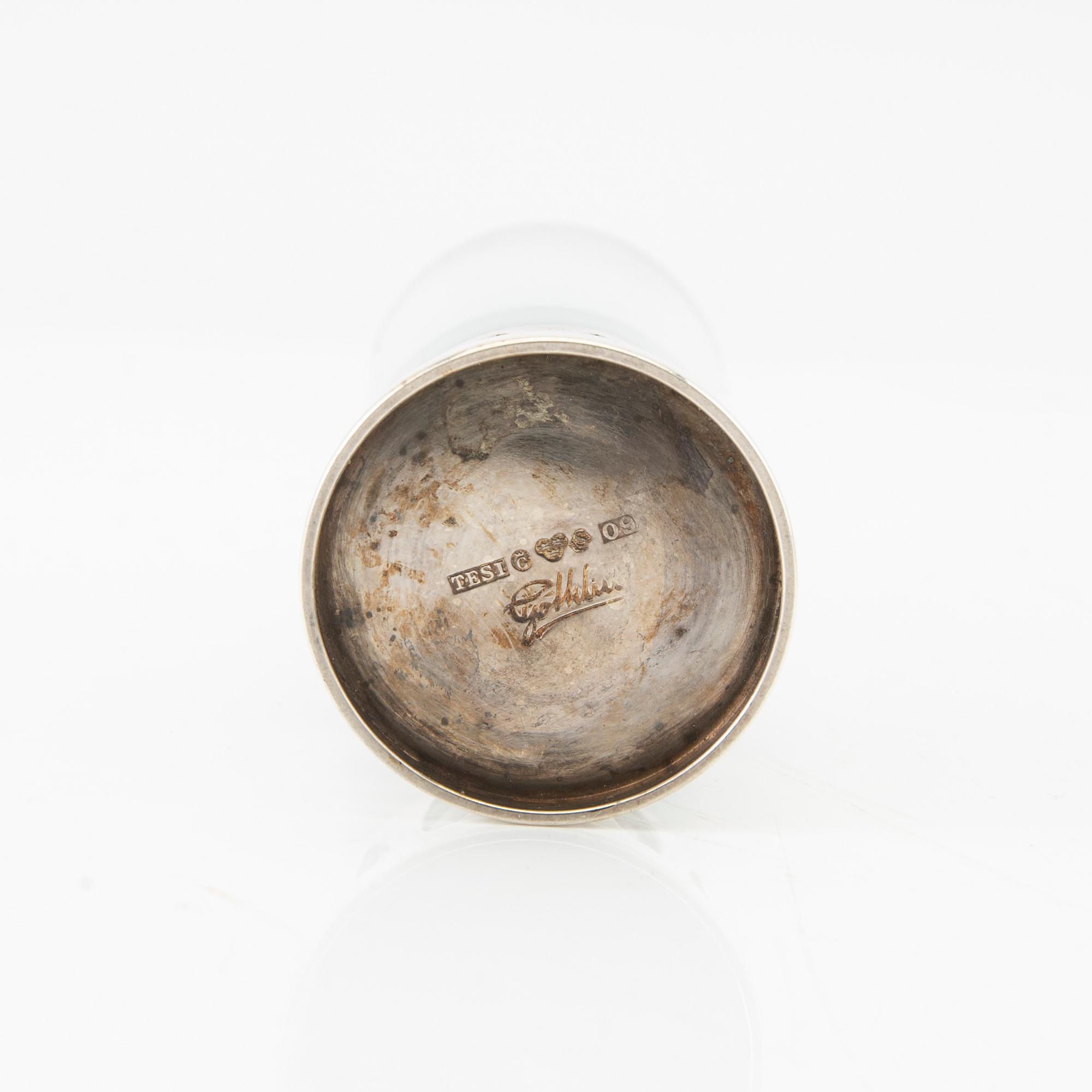 Tage Göthlin snapsglas, 11 st, silver och glas, TESI Göteborg och Skrufs glasbruk, 1964.