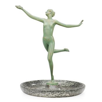 560. A Josef Lorenzl Art Deco green lacquered bronze figure of a nude, mounted to a marble dish, probably 1930's.
