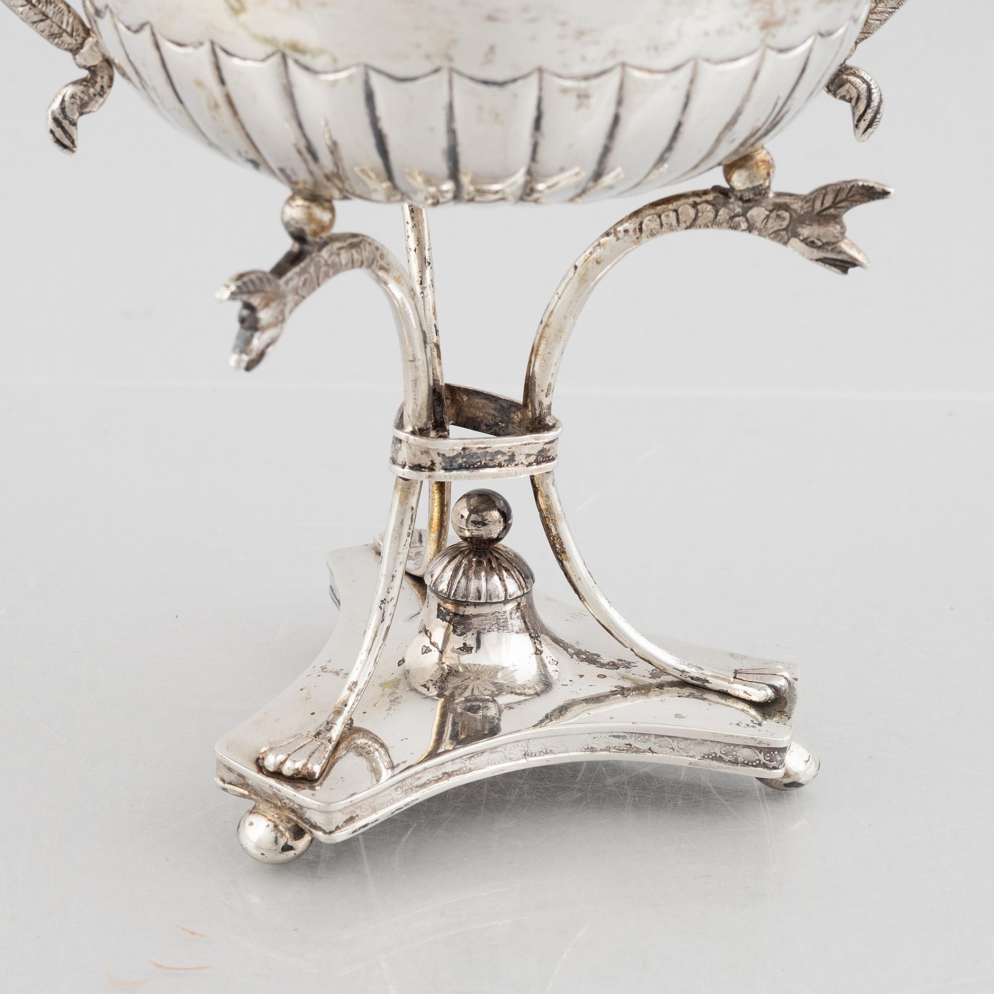 A Swedish Empire silver sugar bowl with sugar spoon, mark of Carl Lindström, Borås 1842.