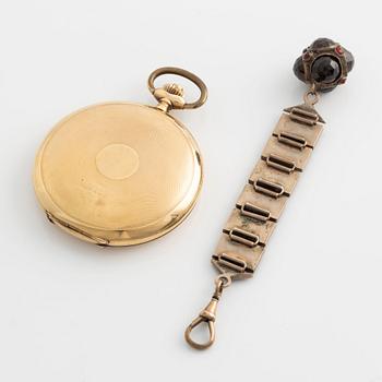Pocket watches, 2 pcs, 14K/18K gold with Chatelaine.