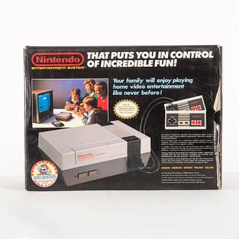 REKLAMSKYLT samt KARTONG, Nintendo 8-bitar, Nintendo 1980-tal.