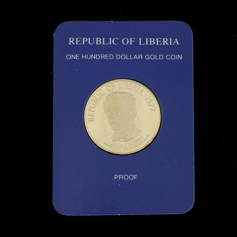 MINNESMYNT, 21,6 K guld, 100 dollar, Liberia, 1977. Vikt ca 10,9g.