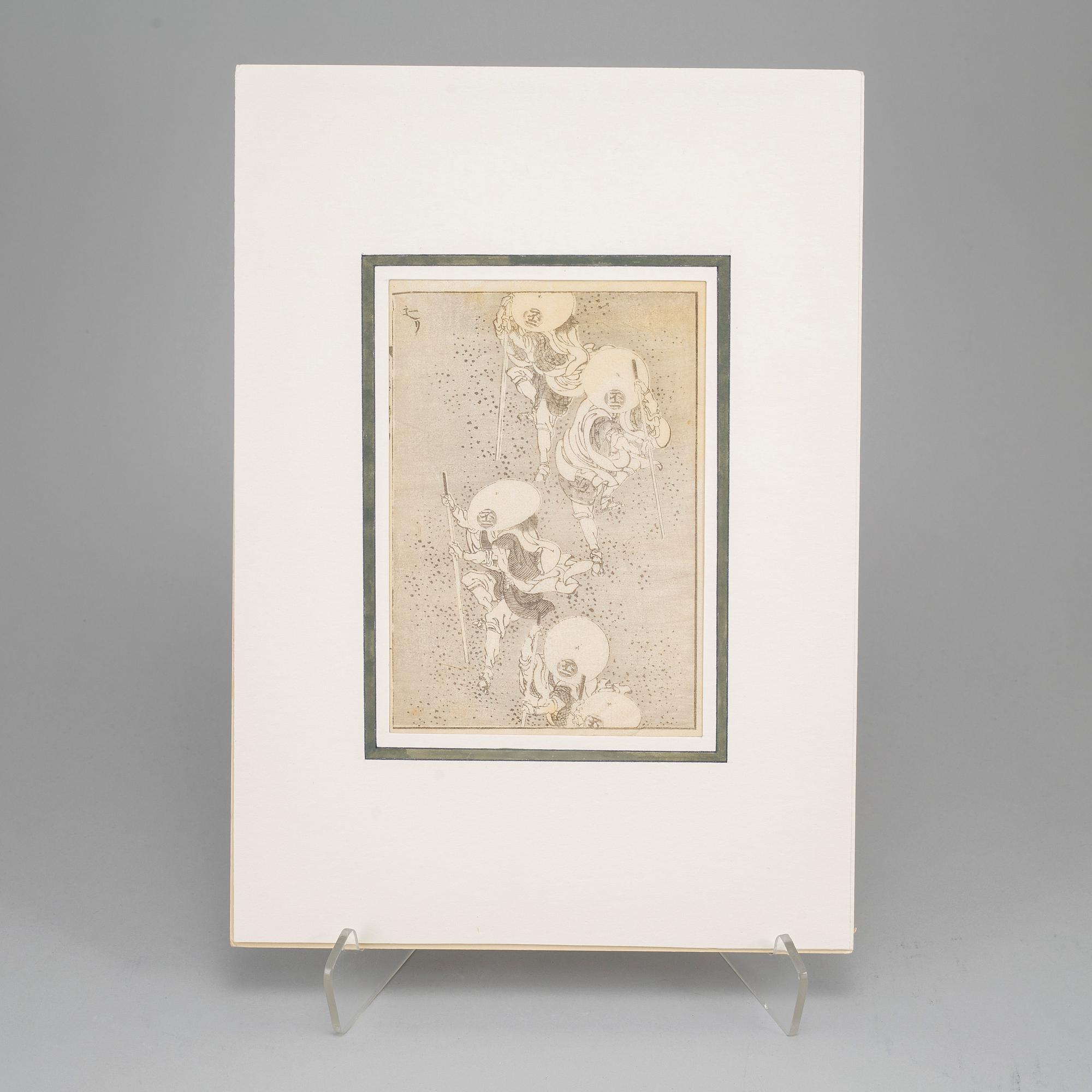 KATSUSHIKA HOKUSAI (1760–1849), after, a group of seven sheets/pages from album, Japan, 19th century.