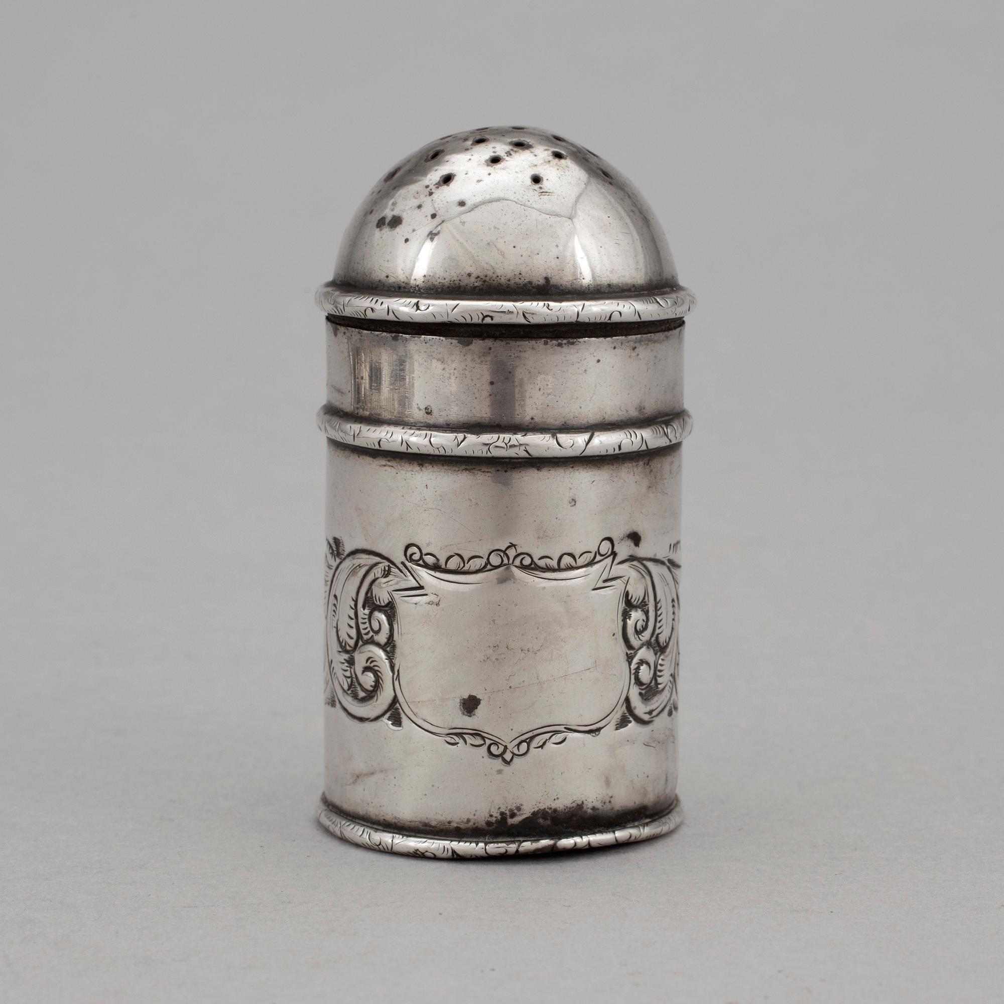 A Victorian silver salt shaker marked Birmingham 1897 and a collection of silver (3) and plate (9) flatware.