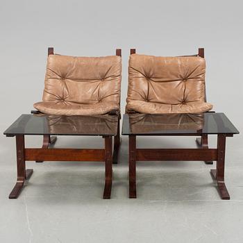 A pair of 1970s "Siesta", easy chairs and sofa tables by Ingmar Relling, Norge.