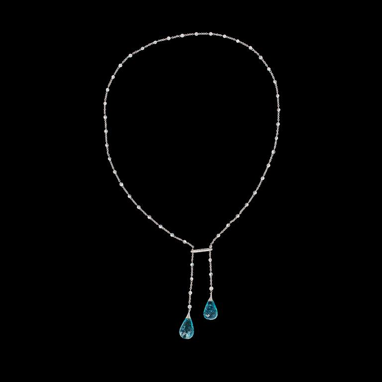 An aquamarine and brilliant cut diamond necklace, tot. 5.75 cts.