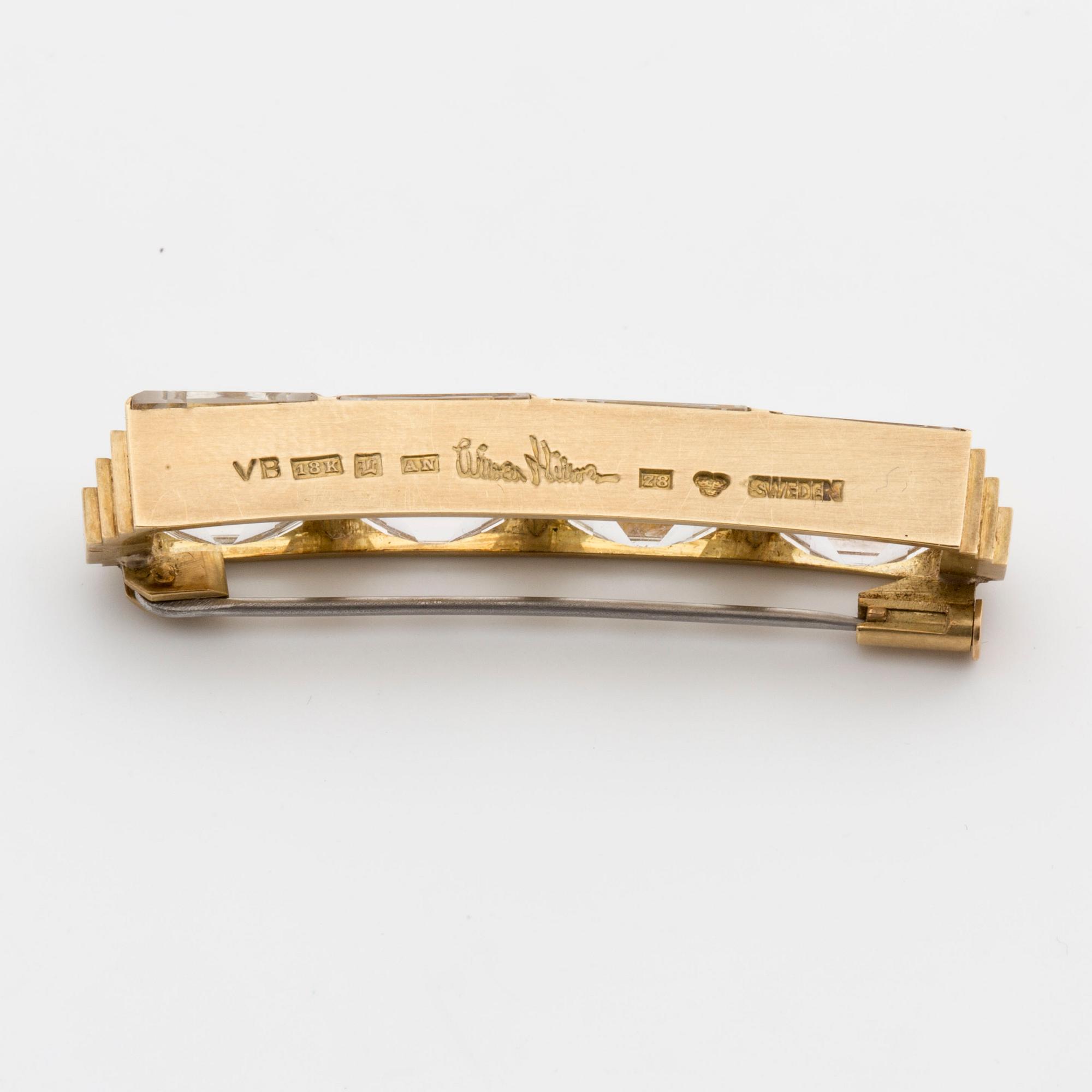 WIWEN NILSSON, brosch, 18K guld med fasettslipade bergkristaller, Lund 1950,