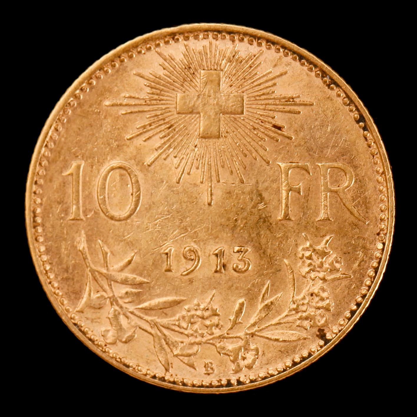 GULDMYNT, 10 fr, Schweiz, 1913. Vikt ca 3 g.