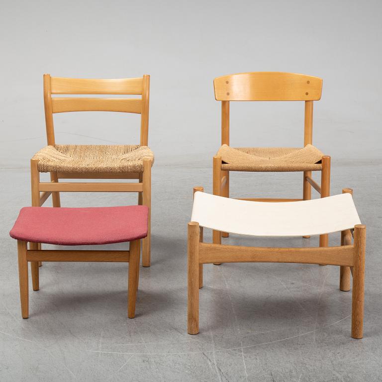 Børge Mogensen, 2 beech chairs + 2 stools, Fredericia Denmark and Karl Anderssons Sweden.