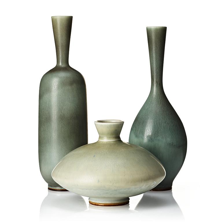 Berndt Friberg, three stoneware vases, Gustavsberg studio, Sweden 1964, 1965 and 1974.