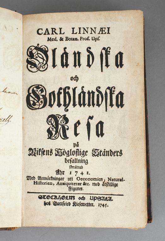 CARL VON LINNÉ, Öländska o Gotländska resa, Stockholm och Uppsala 1745.