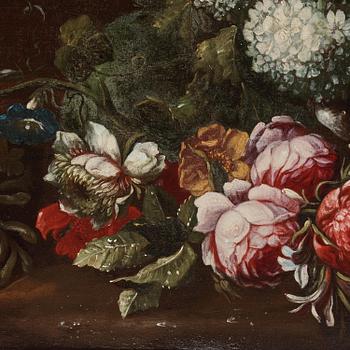 Franz Werner von Tamm & Carlo Maratti, attributed to, Still life with flowers, grapes, and a woman in a landscape.