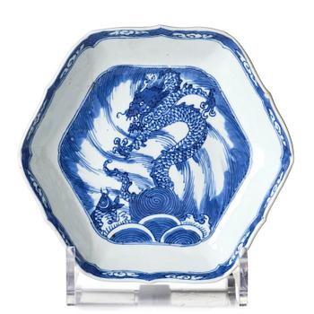 1133. A blue and white dragon dish, Qing dynasty, Kangxi (1662-1722).