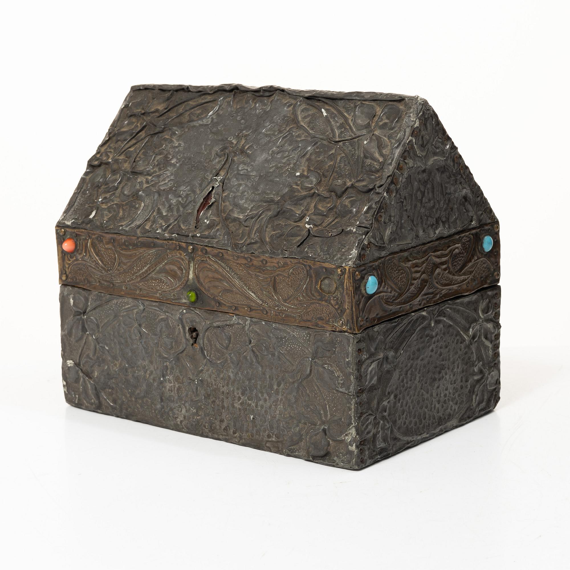 A pewter and copper jewellery box,  with inlaid stones, France, probably circa 1900.