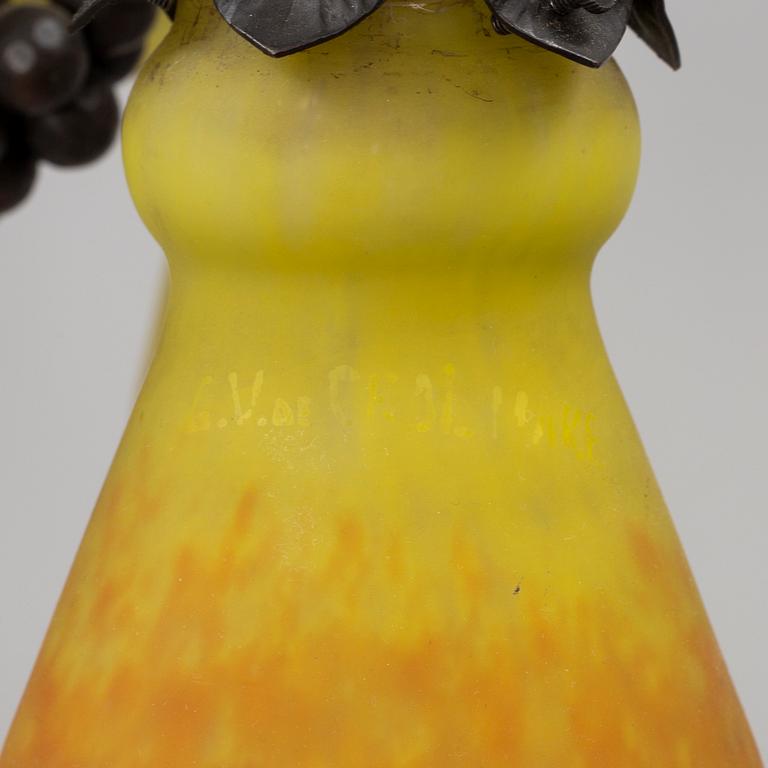 A Muller Croismare glass and metal ceiling lamp, Nancy, first half of 20th Century.