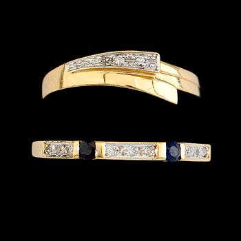 RINGAR, 2 st, 18 k guld, briljantslipde diamanter. Total vikt 4 g.