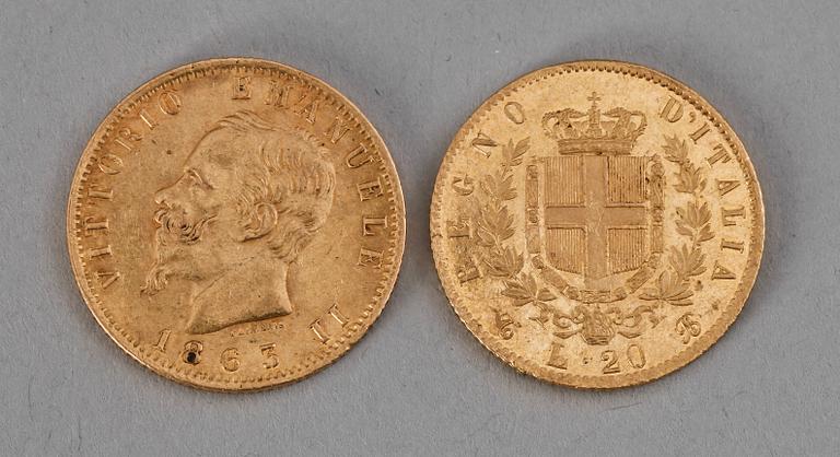 MYNT, 2 st, guld 21K, 20 Lire Vittorio Emanuelle II, Italien 1863 resp 1865. Totalvikt ca 13 gram.