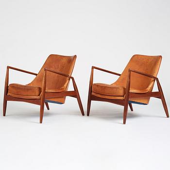 Ib Kofod-Larsen, a pair of teak and cognac coloured leather "Sälen" chairs, for Olof Perssons Fåtöljindustri (OPE), Sweden, 1950-60's.
