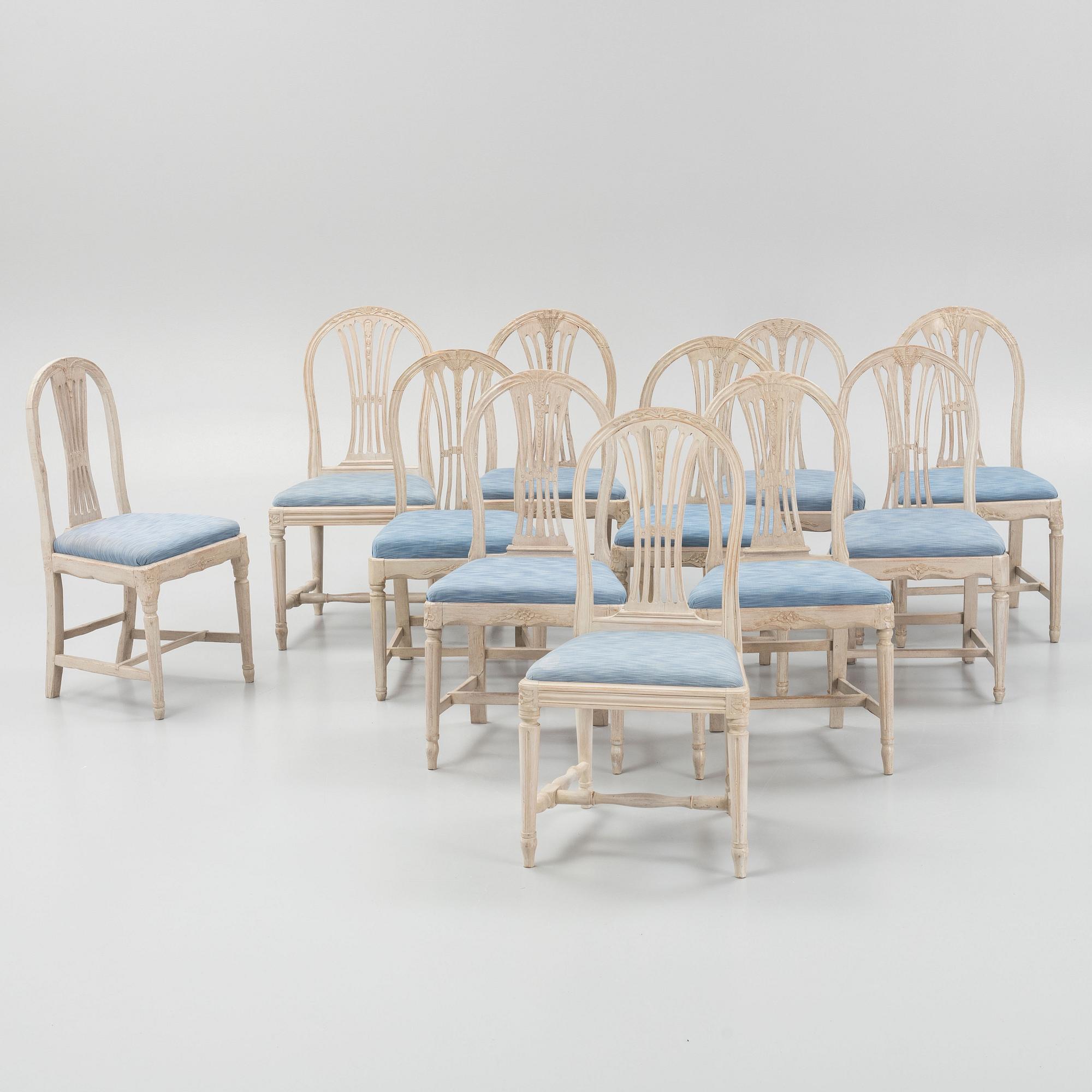 Stolar, elva stycken, Gustavianska samt Gustaviansk stil, 1700-talets slut — sent 1900-tal.