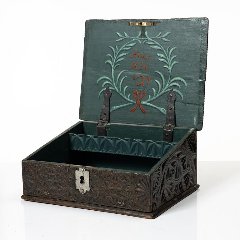 A carved wooden box, Sweden, 19th century.