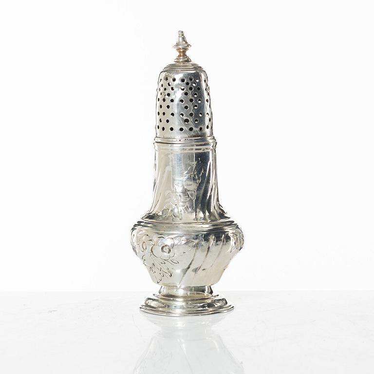 An English Rococo silver caster, mark of Samuel Smith III, London 1754.
