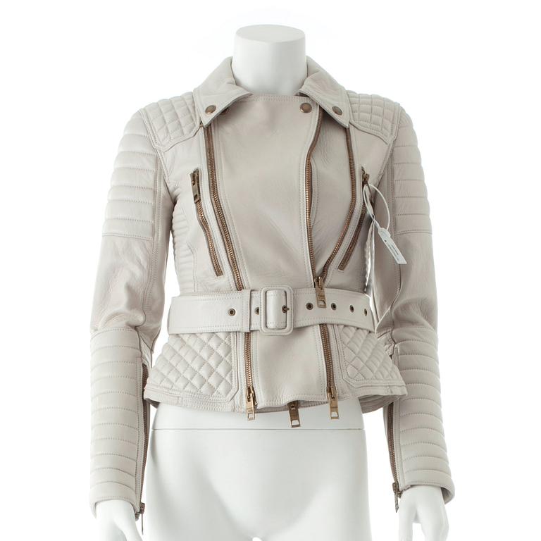 BURBERRY, a light grey leather jacket.