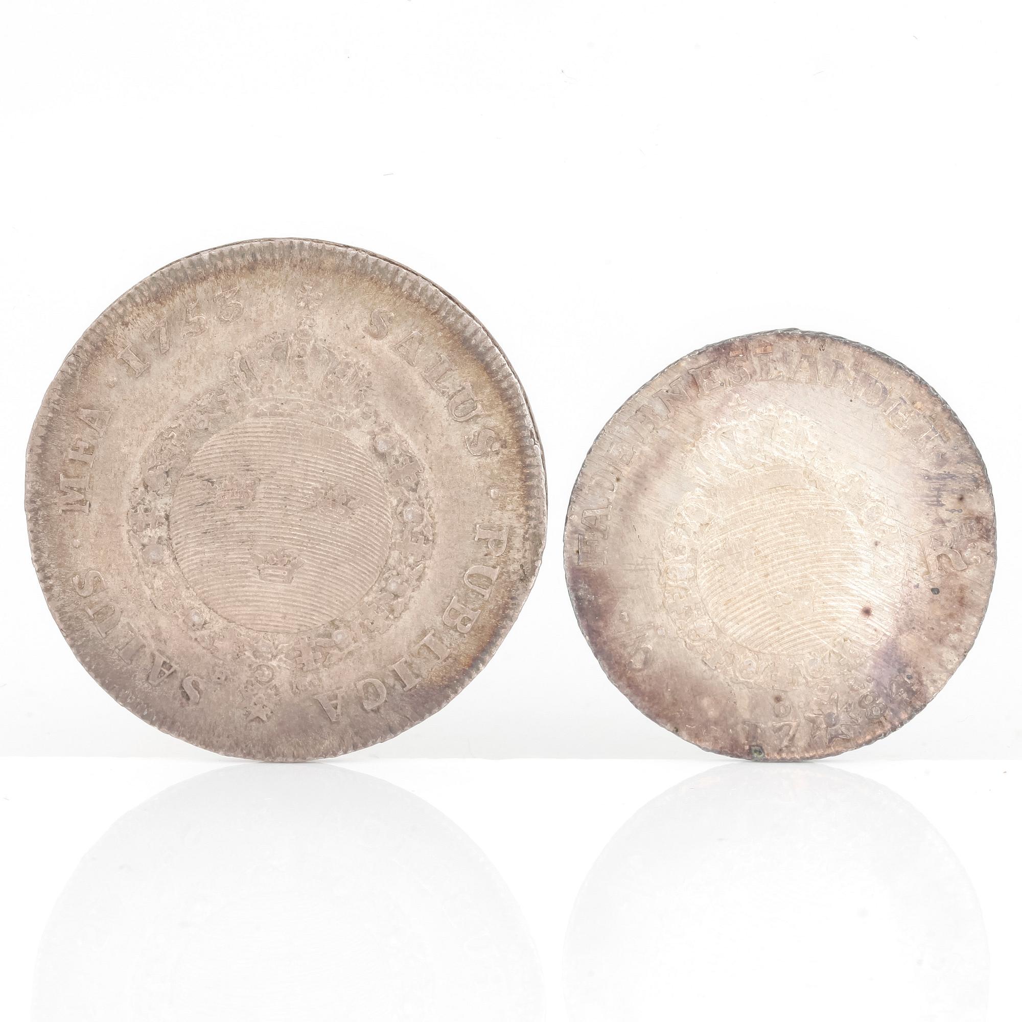 SILVERMYNT, 2 st, 1 resp 1/3 Riksdaler, Adolf Fredrik resp Gustav III av Sverige 1753 resp 1784. Vikt ca 24 gram.