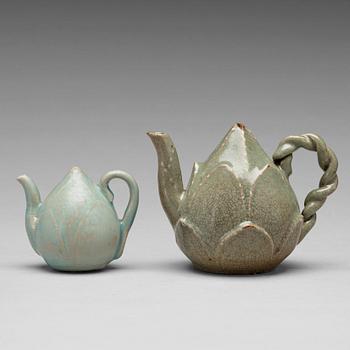 Two Korean celadon glazed pots, Koryo, 13th century.