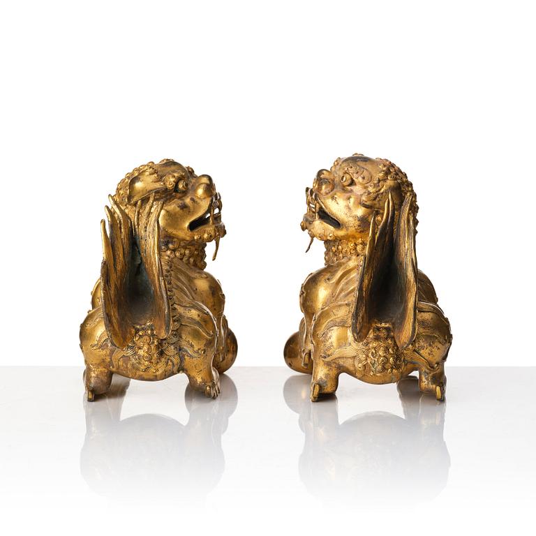 A pair of gilt bronze scultpures of buddhist lions, 18/19th Century.