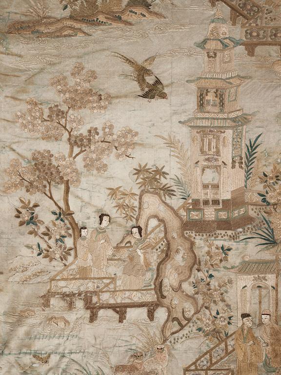 A large embroidered silk panel, Qing dynasty, circa 1800.