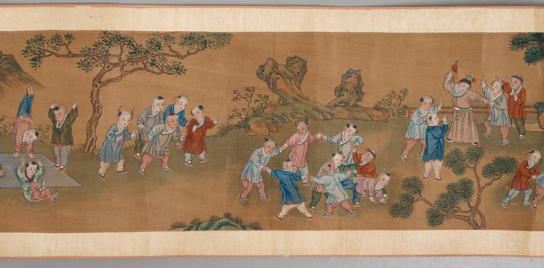 A scroll painting, ink and color on paper, Qing dynasty, 19th Century. '100 boys'.