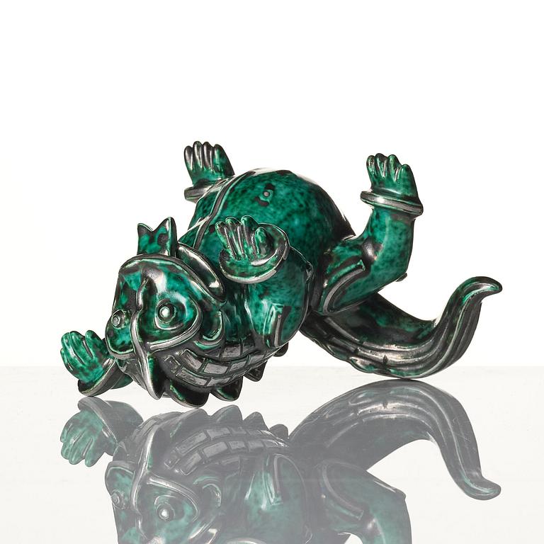 Wilhelm Kåge, an "Argenta" stoneware sculpture of a dragon puppy, Gustavsberg, 1940s.
