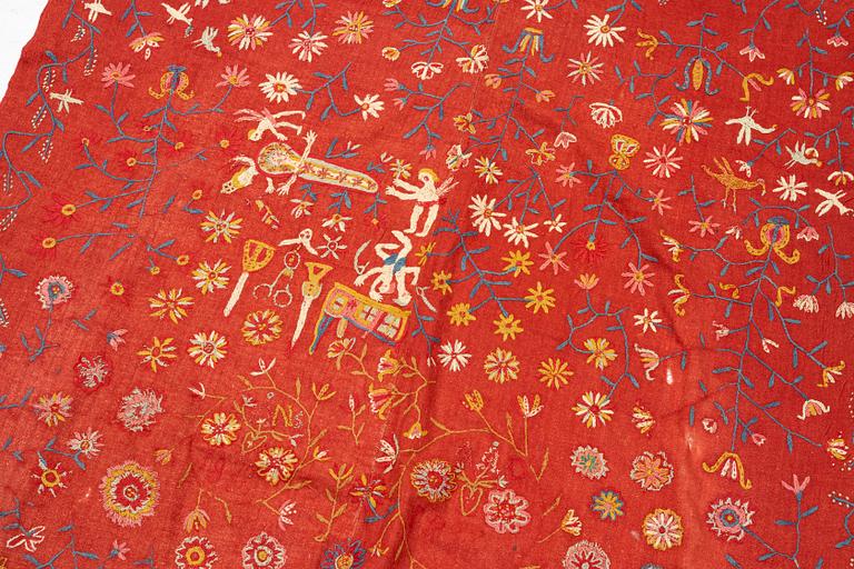 An embroided wool bed cover of 'fall of man' design, South west Scania, Sweden, first half of the 19th century.